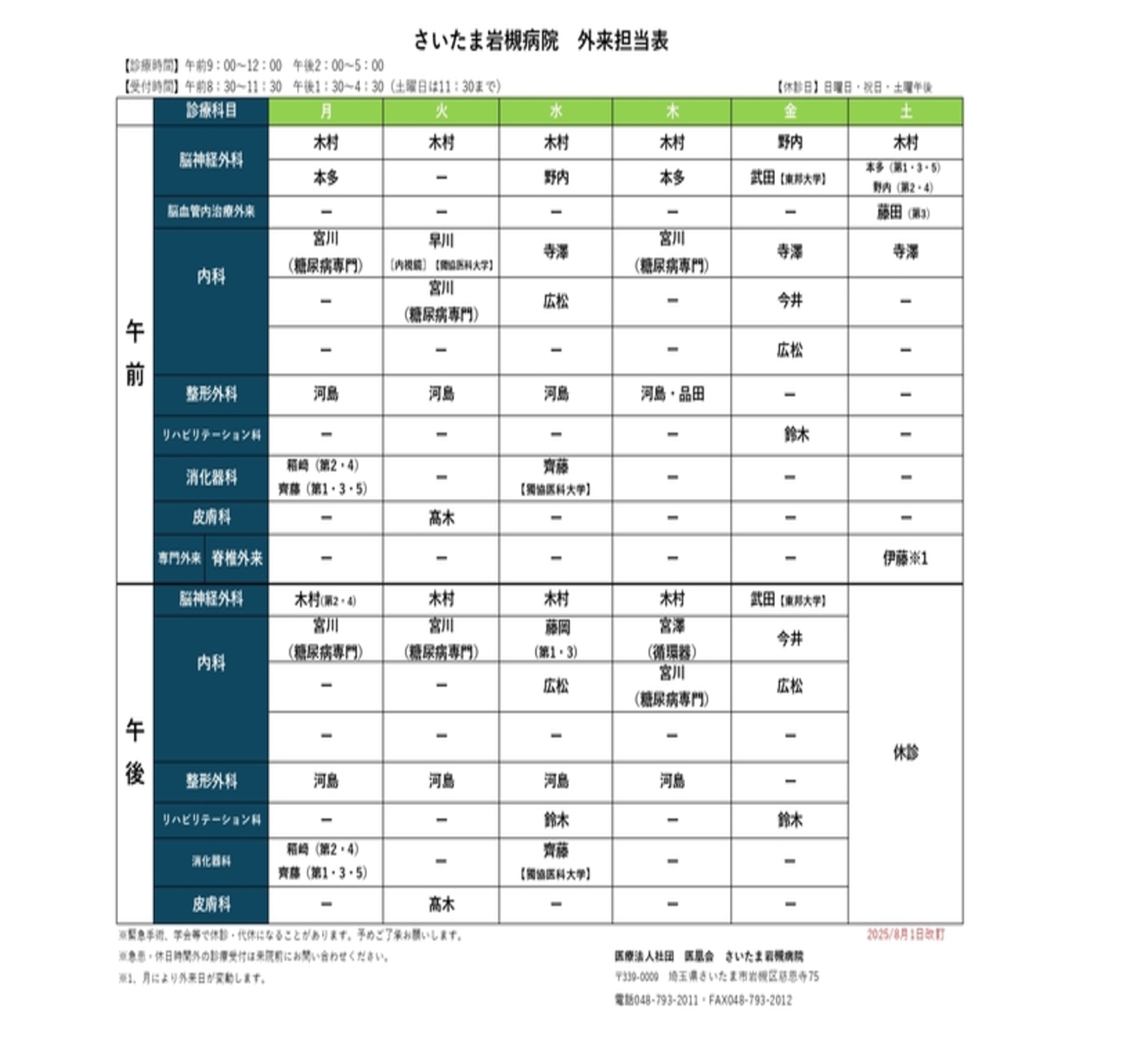 経絡ライン治療鑑別早見表 外来担当表|さいたま岩槻病院(医療法人社団 医凰会)